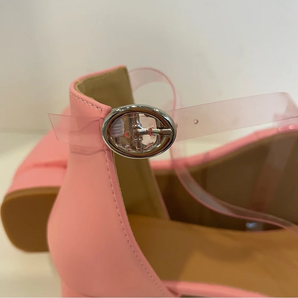 Pink Block Heel Sandal Buckle Accent Clear Crisscross‎ Strap Girls Size 4 US